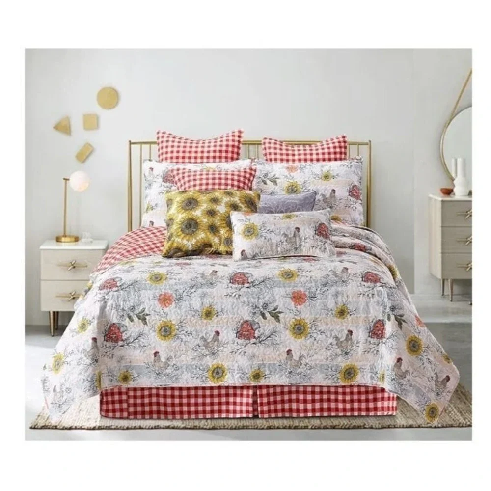 Virah Bella Home Sweet Farm Quilt Set King Multicolor New Farmhouse Rooster Barn